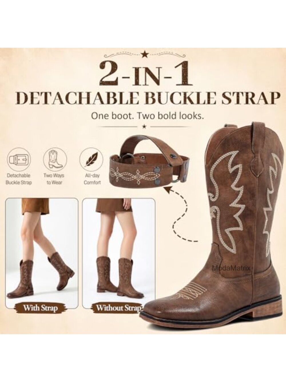 Women's Square Toe Cowboy Boots Wide Calf Faux Leather Mid-Calf Western - Picture 5 of 6